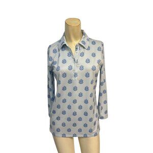 Vineyard Vines Printed 3/4-Sleeve Performance Polo Top FleurDeLeaf-Ice XS